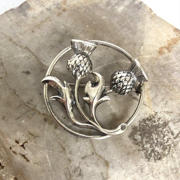 VTG Signed BEAU Sterling Silver 925 1.5" Round Thistle Brooch Flower Brooch - Picture 3 of 16